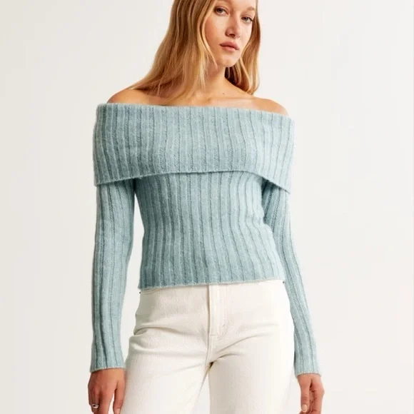 Off-The-Shoulder Sweater Top Blue Ribbed Women's Size S NWT - Picture 3 of 13